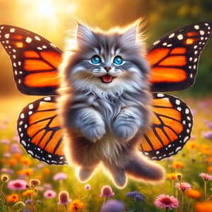 Joyful Feline with Vibrant Butterfly Wings in Sun-Lit Meadow