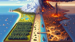 Pixel Art Image: Vast Plain, Oak Forest, Steep Mountains, Submarine, Volcano, and More