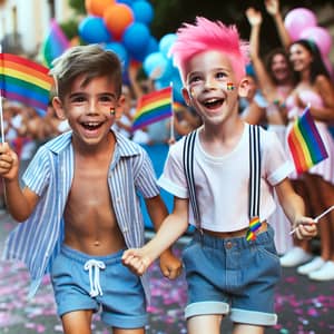 Vibrant Hispanic and Caucasian Boys Celebrate at Pride Parade