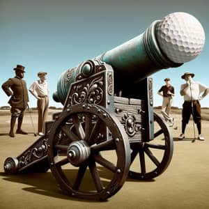 19th Century Style Steel Cannon with Ornate Decorations | Golf Course Scene