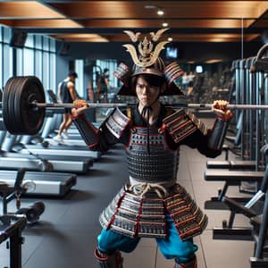 Young Shogun in Traditional Armor Works Out with Barbell in Gym