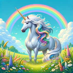 Majestic Unicorn in Lush Meadow | Rainbow Background