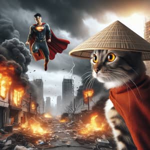 Catastrophic Battle: Cat vs Superhero in Apocalyptic Setting