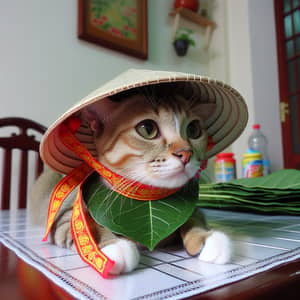 Adorable Cat Wearing Traditional Vietnamese Leaf Hat