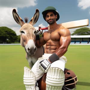 Professional South Asian Cricketer on Donkey in Green Field