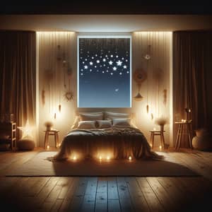 Warm Bohemian Style Bedroom with Double Bed and Starlit Night View