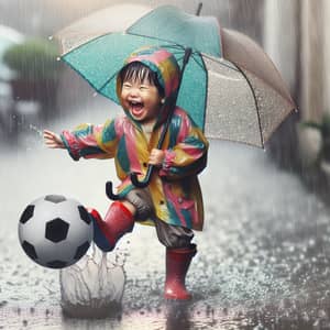 Joyful East Asian Child Playing in Rain with Umbrella