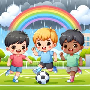 Adorable Children Playing Soccer in the Rain with Rainbow