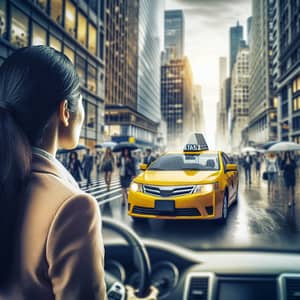 Vibrant City Street Scene with Yellow Taxi Cab and Rainfall