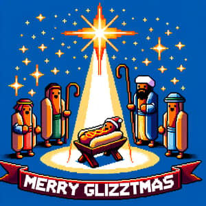 Pixel Art Nativity Scene with Hotdog Characters | Merry Glizzmas Theme