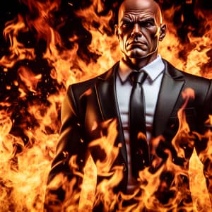 Intense Bald Male Figure in Black Suit Surrounded by Flames