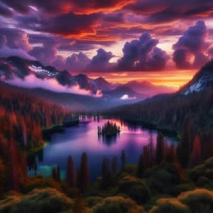Tranquil Dusk Scene with Fiery Sunset, Clouds, Lake, Forest & Mountains