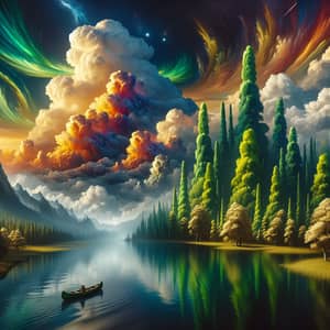 Surrealistic Harmony: Lush Trees, Serene Lake, and Celestial Skies