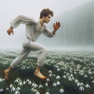 Realistic Painting: Young Man Running in Field of Snowdrops