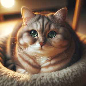 Plump Grey and White Cat in Cozy Bed | Green Eyes and Pink Nose