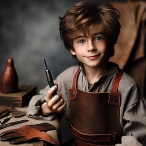 Young Caucasian Boy Craftsman with Trusty Awl | Leatherworking Enthusiast