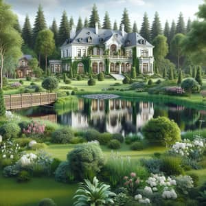 Luxurious Mansion with Lush Green Landscaping and Serene Pond