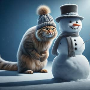 Playful Cat Sneaking Behind Snowman - Winter Photorealism Image