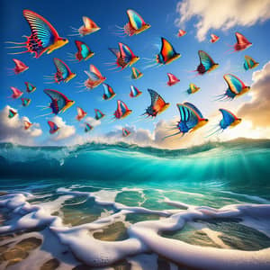 Colorful Flying Fish Soaring Over Tropical Ocean