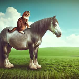 Surreal Horse Riding a Cat on Green Meadow - Unusual Companionship
