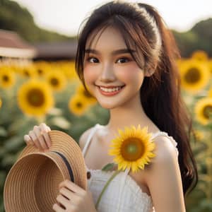 Asian Teenager in Sunflower Garden | Bright Summer Scene