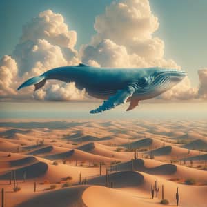 Blue Whale Floating in Sky Over Desert - Surreal Scene