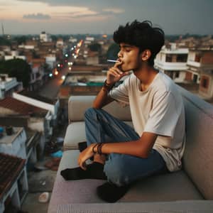 South Asian Teenage Boy Smoking Cigarette on Rooftop