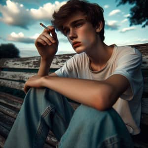 Reflective Teenage Boy Smoking Cigarette in Park