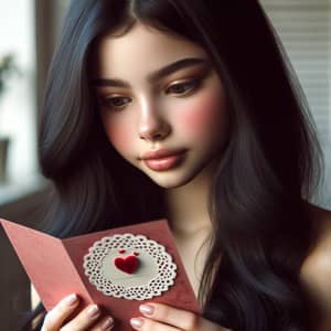 Hispanic Teenage Girl Holding Valentine's Card with Glossy Black Hair