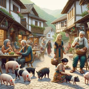 Harmonious Life in Rural Village Center | People and Pigs Interaction