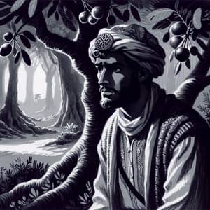 Cartoonish Illustration of Florante Tied to Fig Tree in Shadowy Forest
