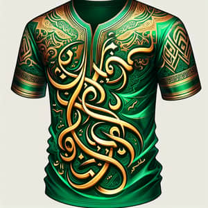 Mid-Length Traditional T-Shirt with Intricate Middle Eastern Design | Green Fabric