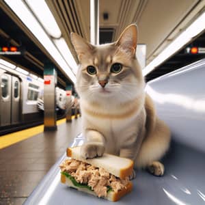 Neutral-colored Domestic Short-Haired Cat Enjoying Tuna Sandwich in Urban Subway