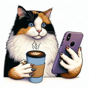 Whimsical Bi-Colored Cat Holding Black Coffee & Smartphone