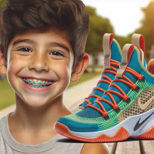 Cheerful Kid with Braces in Stylish Nike Sneakers