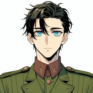 Young Male Character in Green Military Uniform - Japanese Manga Style