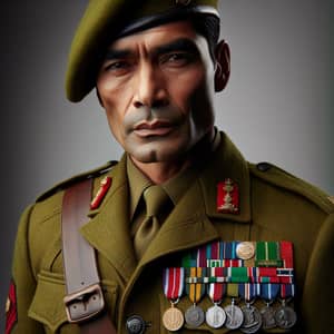 South Asian Military Veteran in Traditional Green Uniform with Service Medals