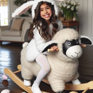 Young Hispanic Girl Easter Bunny Riding Rocking Sheep