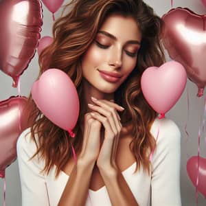Serene Woman in Love Surrounded by Pink Heart Balloons
