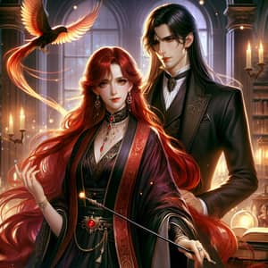 Romantic Fantasy Scene with Woman in Majestic Robes and Man in Dark Coat