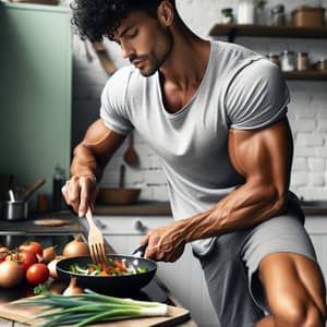 Sporty Man Cooking Fresh Vegetables in Kitchen