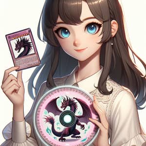 Beautiful Girl with Dueling Disc and Dragonmaid Card