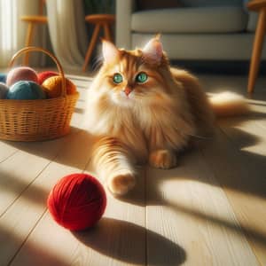 Fluffy Orange Tabby Cat in Sunlit Room with Yarn Balls