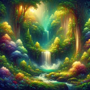 Mystical Forest Waterfall Painting | Tranquil Nature Art