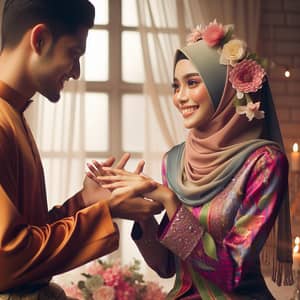 Malay Woman in Vibrant Baju Kurung Embracing