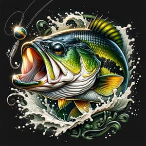 Vibrant Bass Fish Illustration with Engaging Fishing Hook