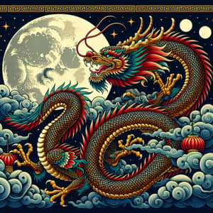 Asian Style Dragon Art | Vibrant Colors | Moonlit Sky