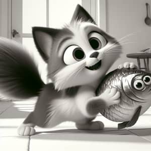 Playful Cartoon Cat with Dancing Fish - Fun Art | AI Art Generator ...