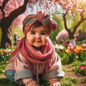 Adorable Chubby Child Playing in Colorful Park with Pink Headscarf