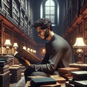 Middle-Eastern Man Reading in Vintage Library | Book Enthusiast